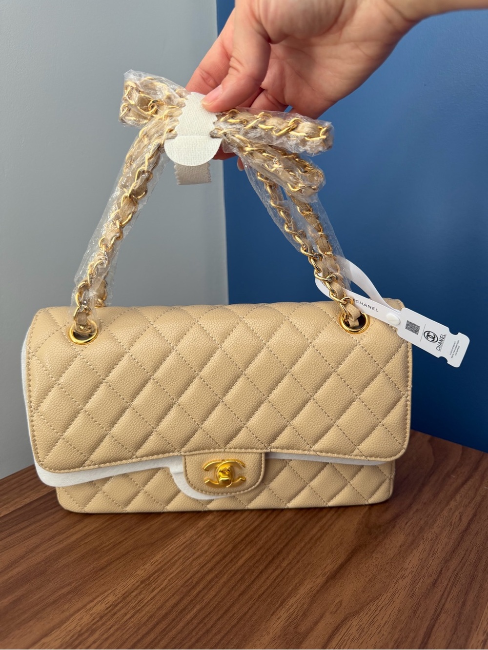 Classic Flap Bag in Beige with Gold Hardware
